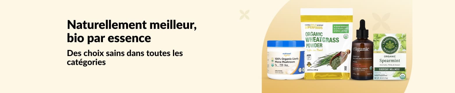 Bannière présentant des produits de bien-être biologiques avec le slogan 