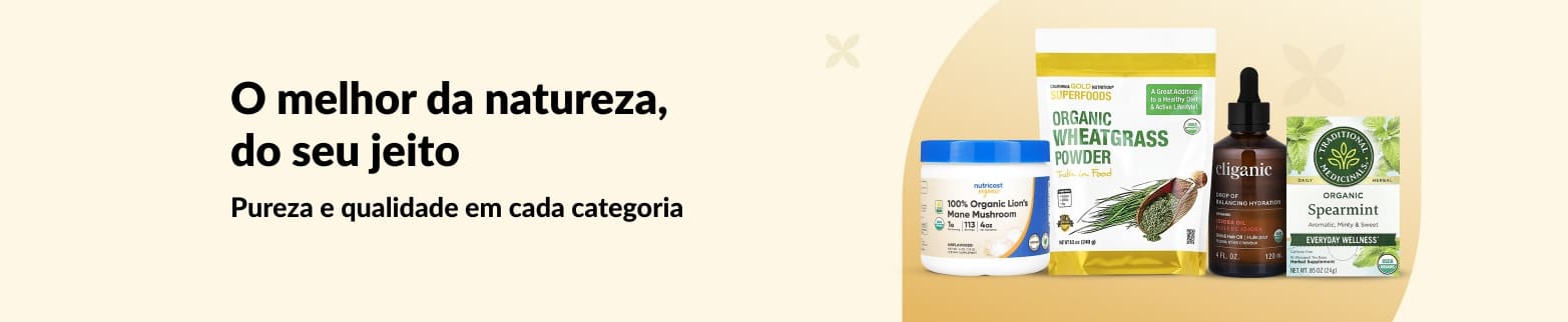Banner apresentando produtos orgânicos de bem-estar com o slogan “O melhor da natureza, do seu jeito” para escolhas de estilo de vida saudáveis.