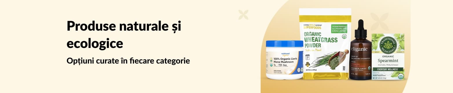 Banner cu produse bio pentru wellness, cu sloganul „Produse naturale și ecologice” pentru un stil de viață sănătos.