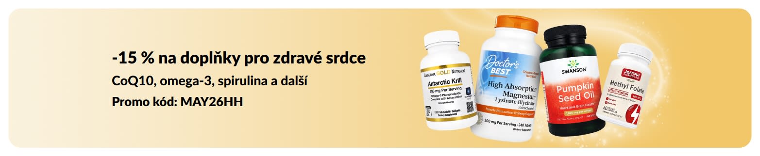 Banner propagující 15% slevu na doplňky stravy pro zdravé srdce s kódem MAY26HH a vybranými produkty.