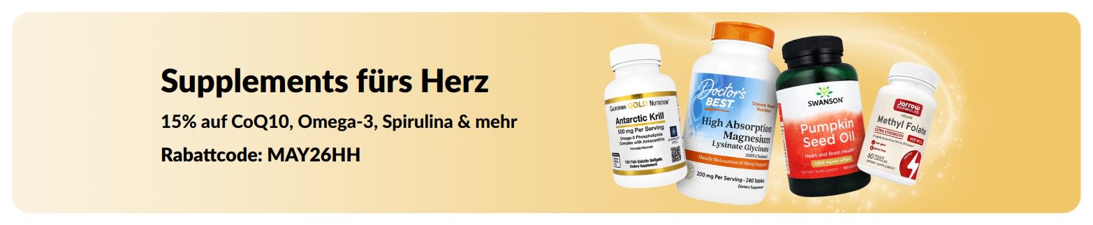 Banner, das für 15% Rabatt auf Nahrungsergänzungsmittel für die Herzgesundheit mit Code MAY26HH und ausgewählte Produkte wirbt.