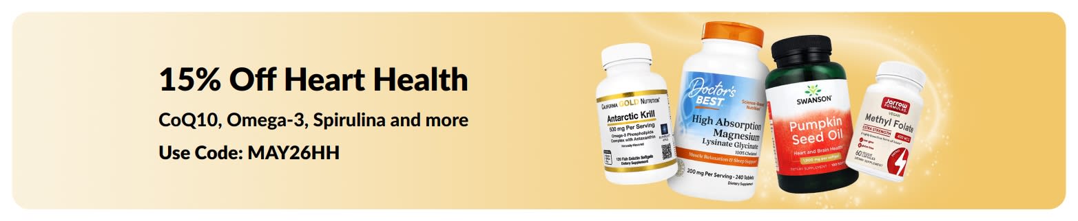 Banner promoting 15% off heart health supplements with code MAY26HH and featured products.