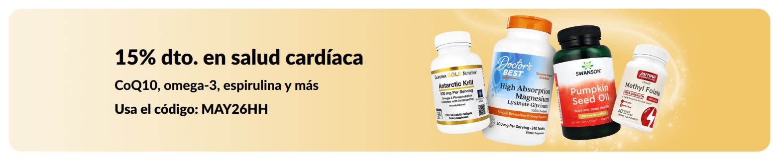 Banner que promociona un 15 % de descuento en suplementos para la salud cardíaca con el código MAY26HH.