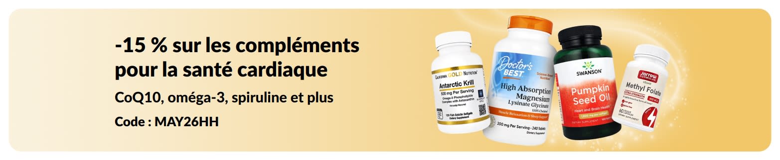Bannière promo : -15 % sur les compléments pour la santé cardiaque avec le code MAY26HH et des produits en vedette.
