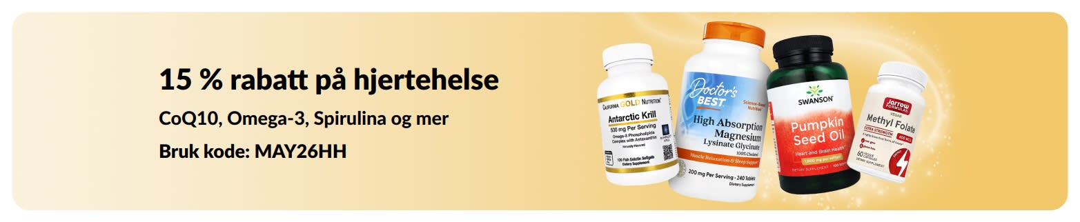 Banner som promoterer 15 % rabatt på kosttilskudd for hjertehelse med koden MAY26HH og utvalgte produkter.