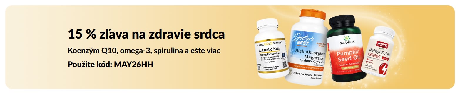 Baner propagujúci 15 % zľavu na výživové doplnky pre zdravie srdca s kódom MAY26HH, zobrazujúci doplnky výživy.