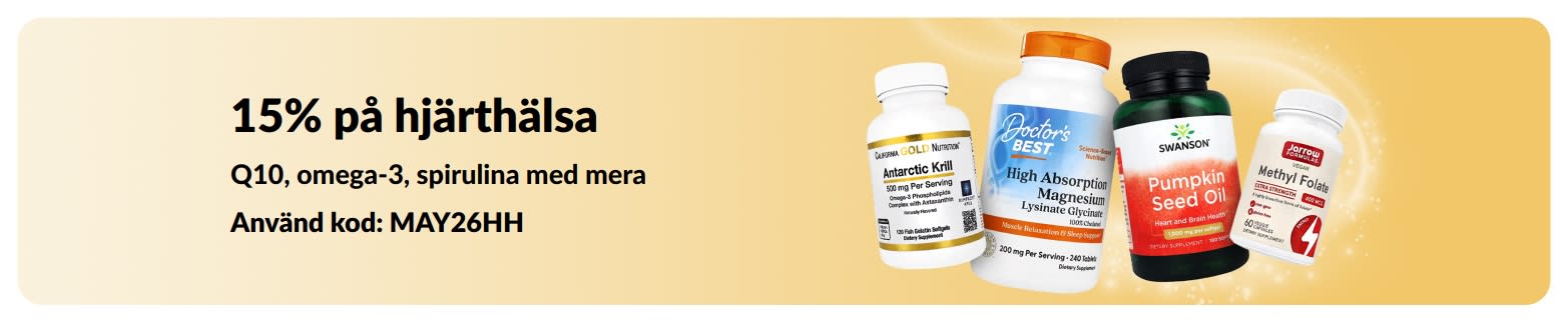 Banner som marknadsför 15% på kosttillskott för hjärthälsa med koden MAY26HH och utvalda produkter.