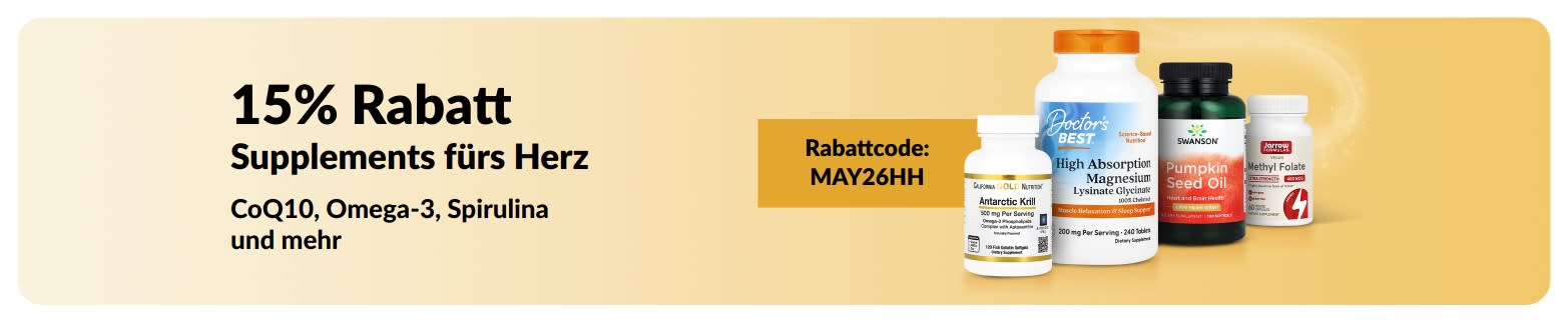 Banner, das für 15% Rabatt auf Nahrungsergänzungsmittel für die Herzgesundheit mit dem Code MAY26HH und ausgewählte Produkte wirbt.