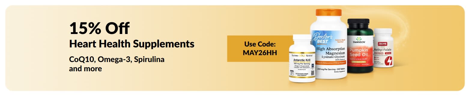Banner promoting 15% off heart health supplements with code MAY26HH and featured products.