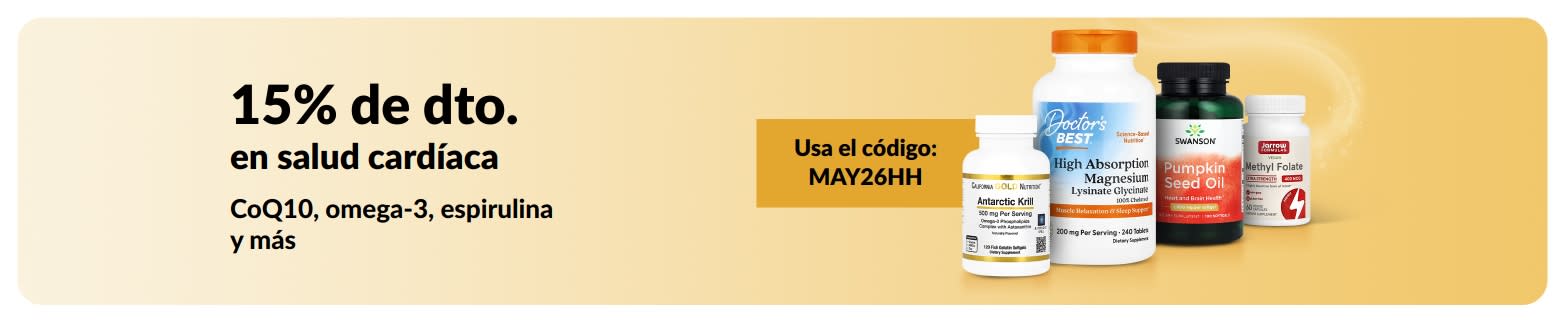Banner que promociona un 15 % de descuento en suplementos para la salud cardíaca, con el código MAY26HH.