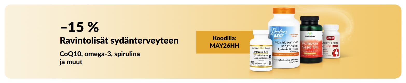 Banneri, joka tarjoaa –15 % ravintolisistä sydänterveyteen koodilla MAY26HH, kuvituksena tuotteita.