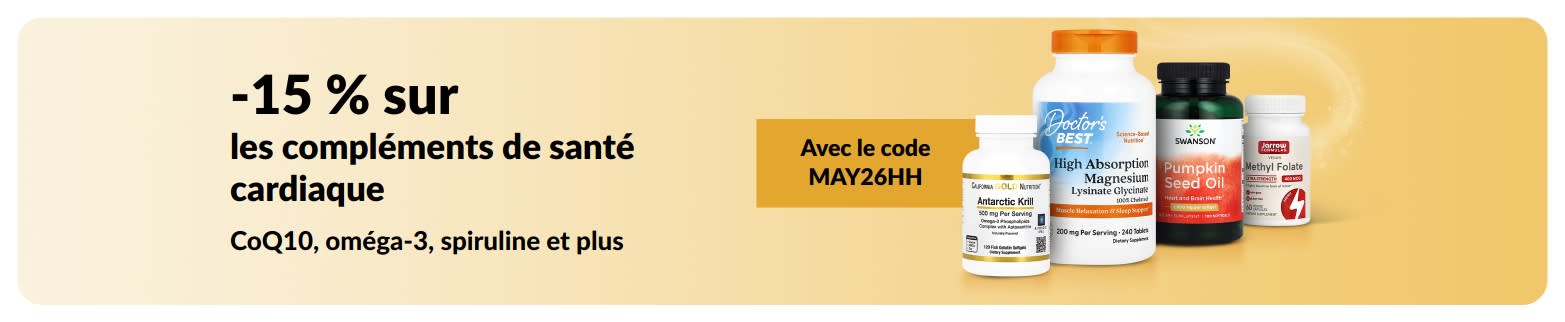Bannière promo offrant -15 % sur des compléments pour la santé cardiaque avec le code MAY26HH et des produits en vedette.