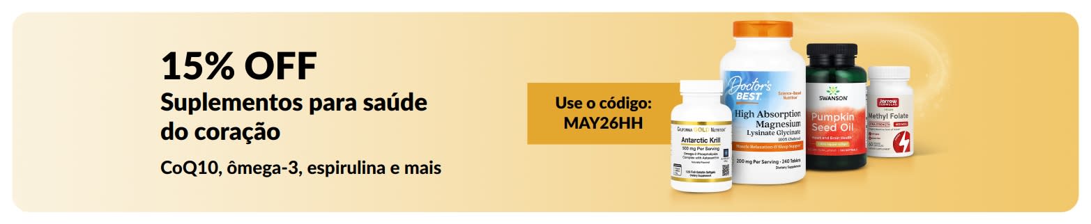 Banner promovendo 15% OFF em suplementos para a saúde do coração com o código MAY26HH e produtos em destaque.