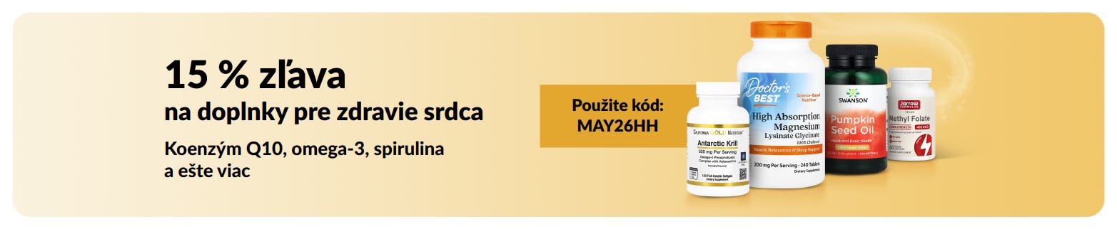 Baner propagujúci 15 % zľavu na doplnky pre zdravie srdca s kódom MAY26HH, ktorý zobrazuje výživové doplnky.