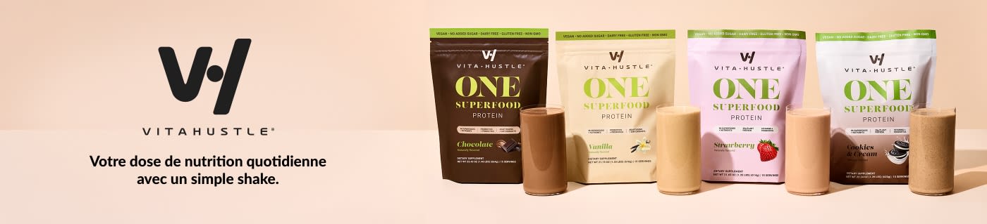 Bannière VitaHustle One Superfood Protein présentant les saveurs chocolat, vanille, fraise et cookies & crème.