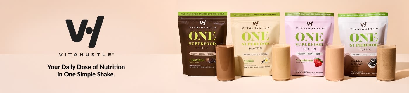 VitaHustle One Superfood Protein banner showing flavors chocolate, vanilla, strawberry, and cookies & cream shakes.