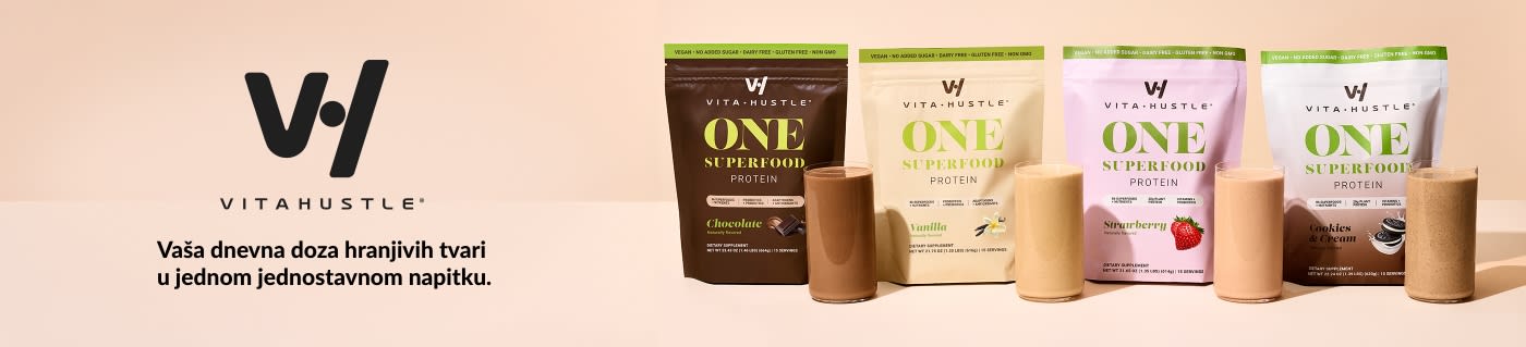 VitaHustle One Superfood Protein banner koji prikazuje okuse čokolade, vanilije, jagode i kolačića s kremom.