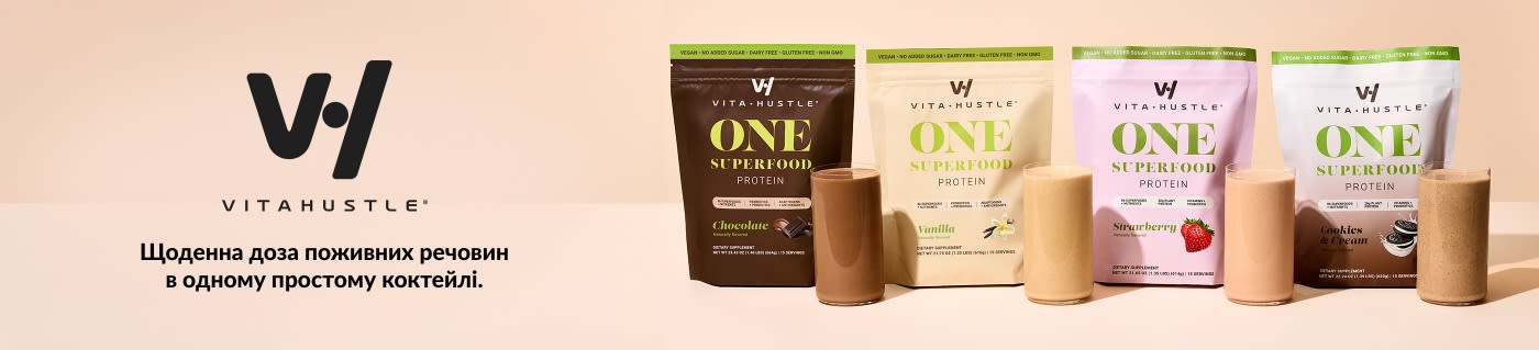 Банер VitaHustle One Superfood Protein із зображенням коктейлів зі смаками шоколаду, ванілі, полуниці та печива з вершками.
