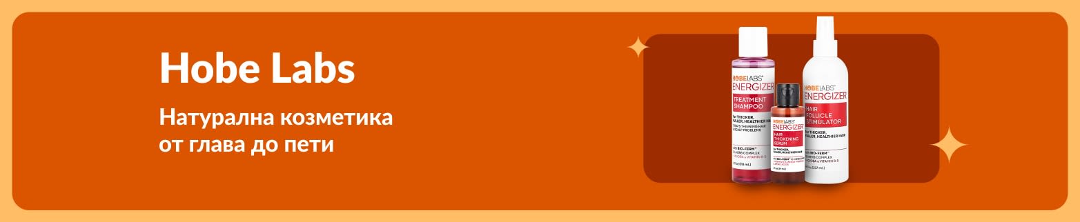 Банер на Hobe Labs, представящ продуктите за грижа за косата Energizer със слоган „Натурална козметика от глава до пети“.