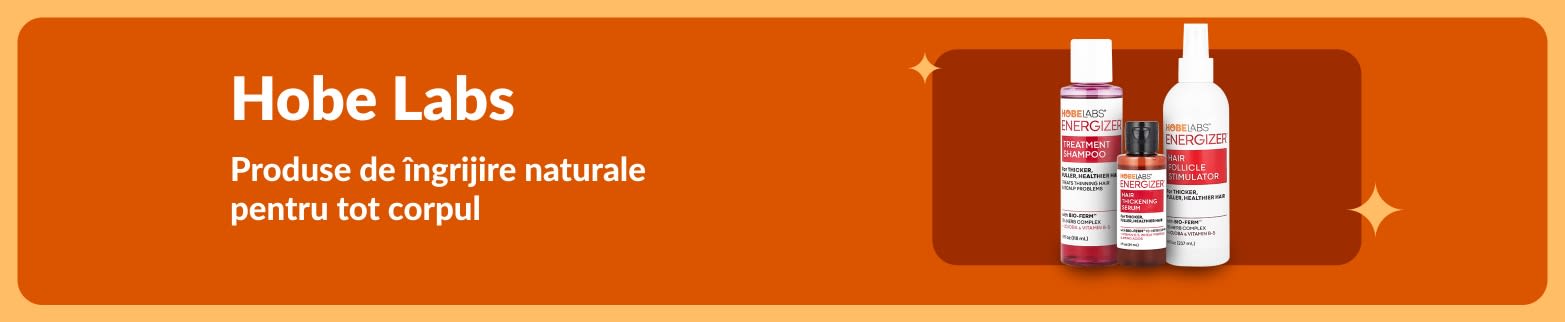 Banner Hobe Labs cu produse de îngrijire a părului Energize și slogan „Produse de îngrijire naturale pentru tot corpul”.