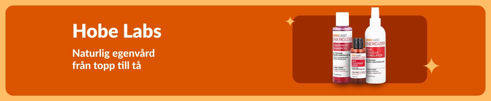 Hobe Labs banner som visar Energizers hårvårdsprodukter med sloganen ”Naturlig egenvård från topp till tå”.
