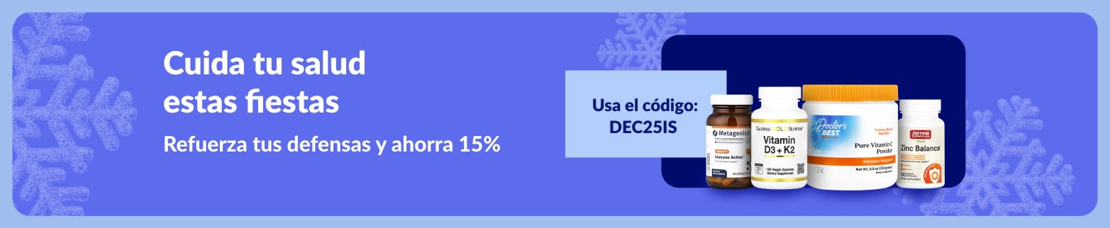 Banner de iHerb: Cuida tu salud estas fiestas con un 15% de descuento en refuerzos inmunitarios con el código DEC25IS.