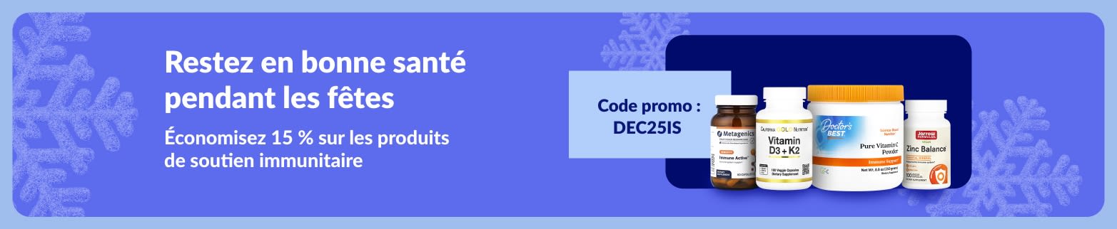 Bannière promotionnelle iHerb pour les fêtes offrant 15 % de réduction sur les compléments alimentaires pour renforcer le système immunitaire avec le code DEC25IS.