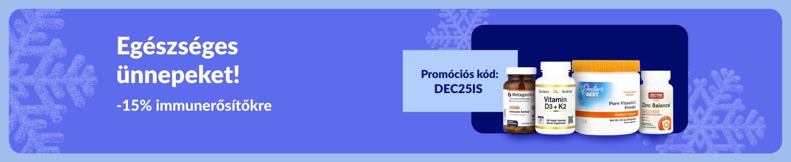 15% kedvezményt kínáló iHerb ünnepi banner 15% immunerősítő étrend-kiegészítőkre a DEC25IS kóddal.