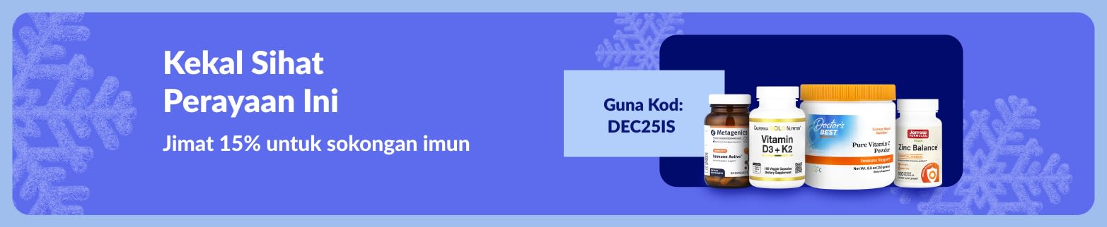 Sepanduk perayaan iHerb dengan diskaun 15% untuk makanan tambahan sokongan imun dengan kod DEC25IS.