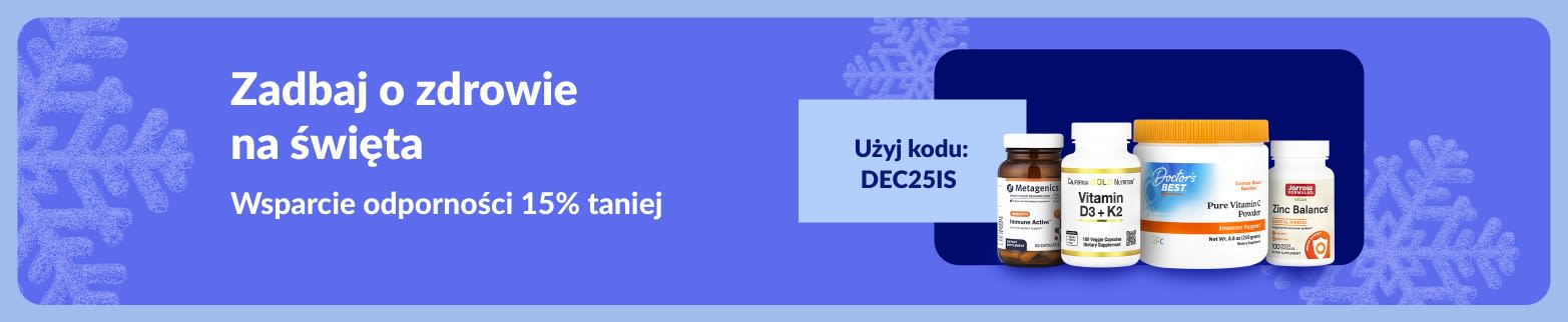 Świąteczny baner iHerb promujący 15% zniżki na suplementy wspierające odporność z kodem DEC25IS.