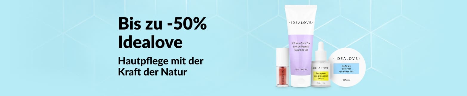 Hautpflegeprodukte von Idealove bis zu 50% reduziert; Naturkosmetik-Werbeaktion mit Gesichtsreiniger, Serum und Augenpflegeset.
