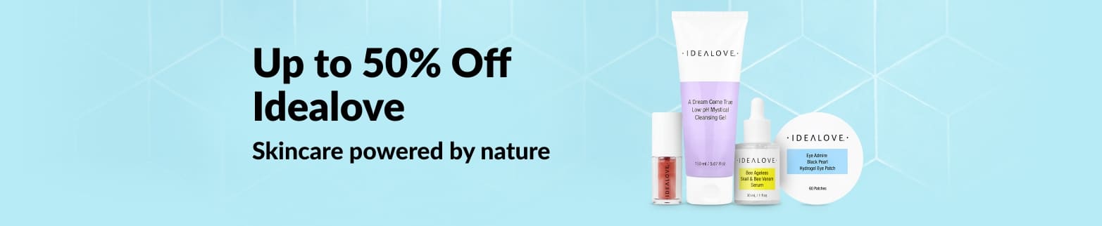 Idealove skincare products with up to 50% off; natural beauty promotion featuring cleanser, serum, and eye patch set.