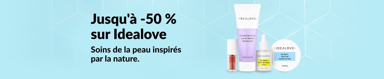 Jusqu'à 50 % de réduction sur les produits de soin Idealove. La beauté au naturel avec nos nettoyants, sérums et un kit de patchs pour les yeux.