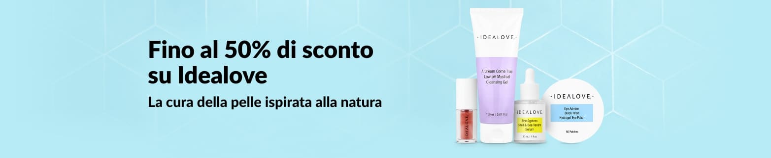 Prodotti per la cura della pelle Idealove con sconti fino al 50% sulla bellezza naturale, cleanser, siero e set di patch per gli occhi.