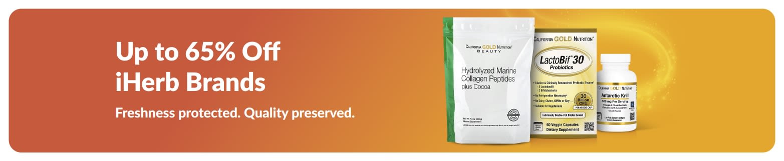 Up to 65% off iHerb brands, featuring collagen and supplements with quality and freshness focus.