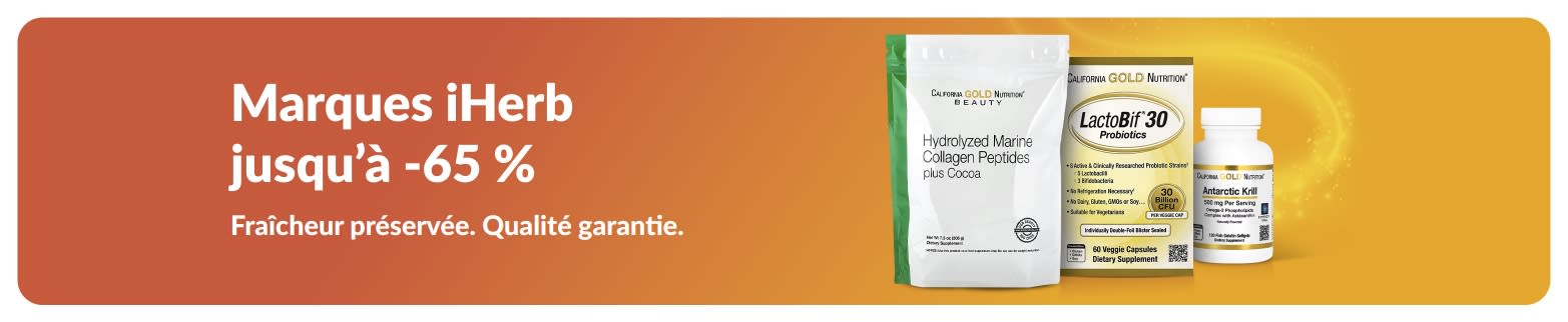 Jusqu’à -65 % sur les marques iHerb, avec une sélection de collagène et de compléments axés sur la qualité et la fraîcheur.