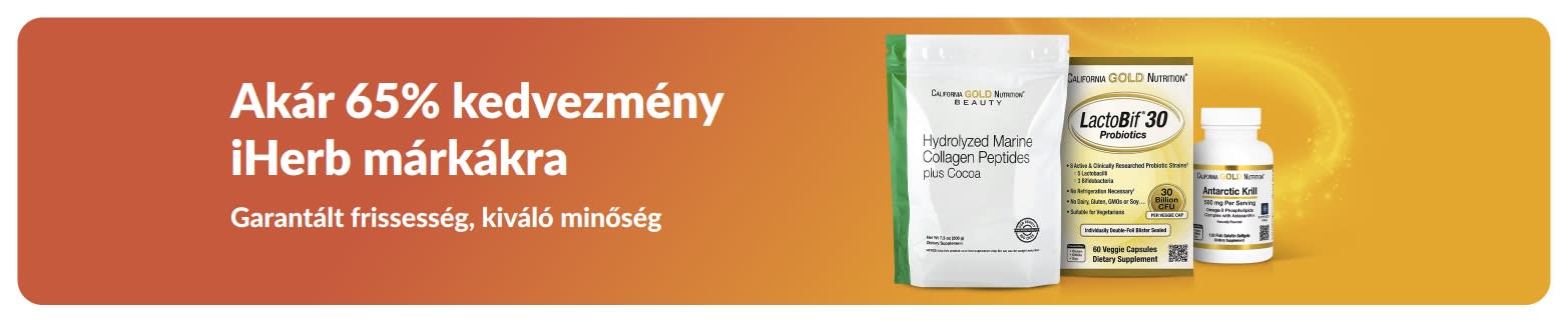 Akár 65% kedvezmény iHerb márkáira, kollagént és az étrend-kiegészítőkret ábrázolva, amelyeknél a minőség és a frissesség áll az előtérben.