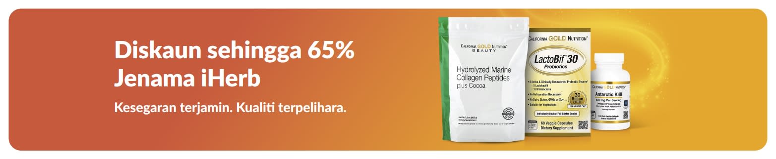 Diskaun sehingga 65% Jenama iHerb, menampilkan kolagen dan suplemen dengan tumpuan kualiti dan kesegaran.
