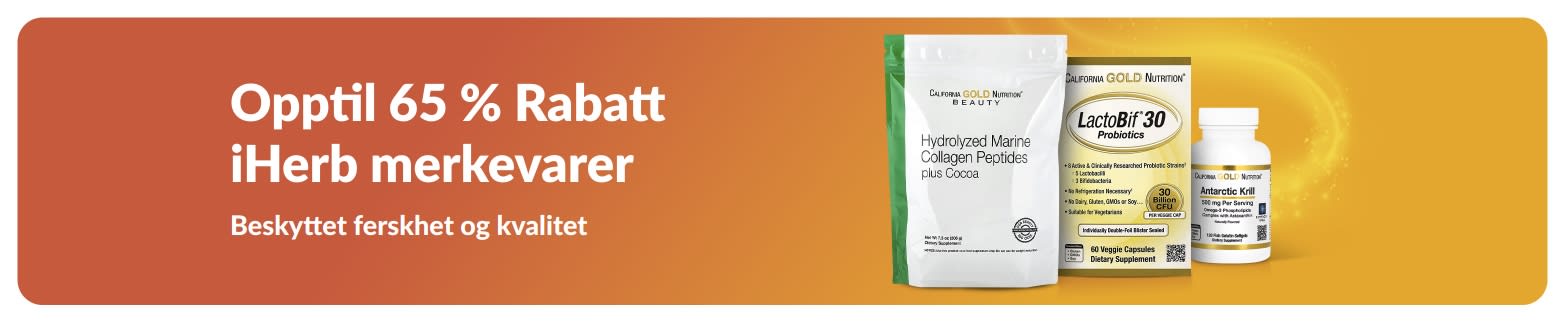 Opptil 65 % rabatt på iHerbs egne merkevarer, med fokus på kvalitet og ferskhet for både kollagen og kosttilskudd.