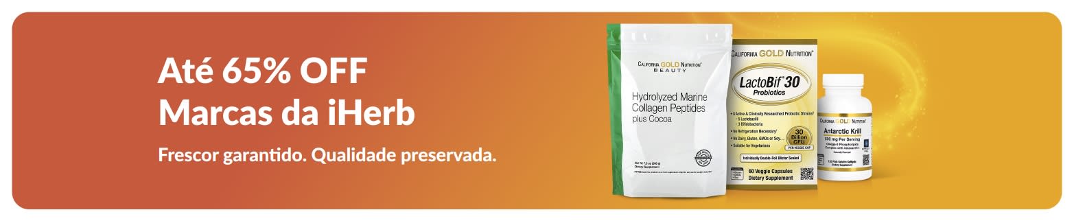 Até 65% OFF nas Marcas da iHerb, com destaque para colágeno e suplementos, com foco em qualidade e frescor.