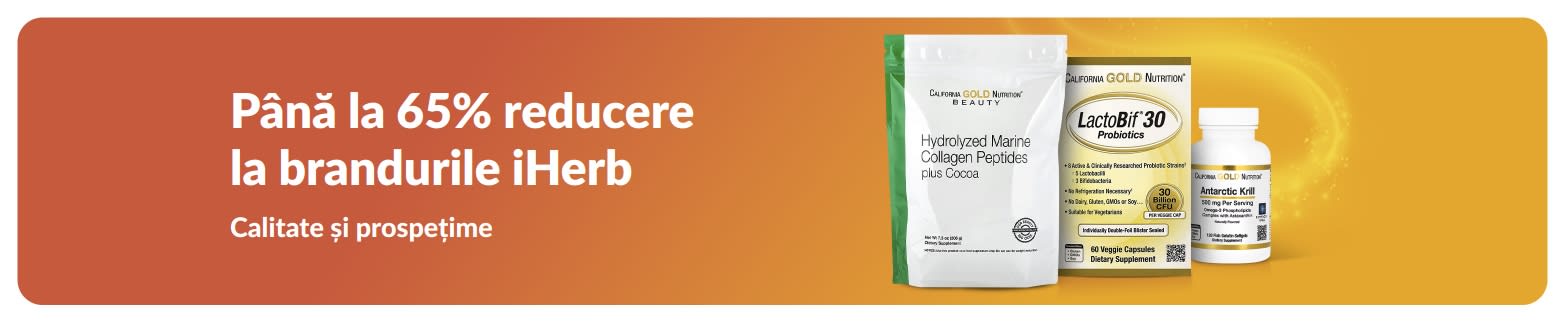 Banner cu până la 65% reducere la brandurile iHerb, cu colagen și suplimente axate pe calitate și prospețime.