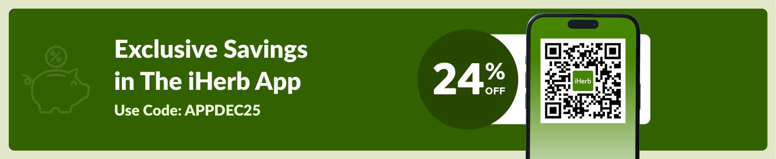 iHerb app promo banner showing 24% off, code APPDEC25, and a QR code on a smartphone for exclusive savings.