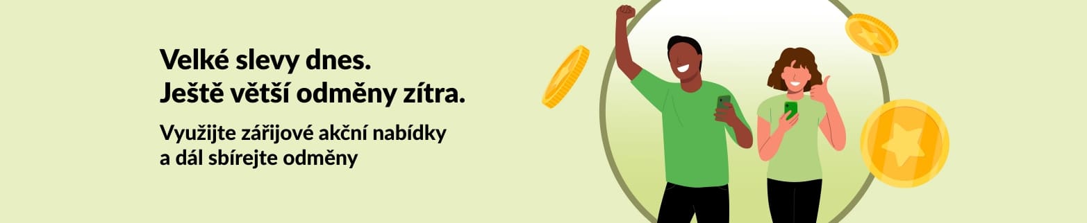 Banner Odměn iHerb se zákazníky oslavujími slevy s mincemi, propaguje zářijovou nabídku a probíhající program odměn.