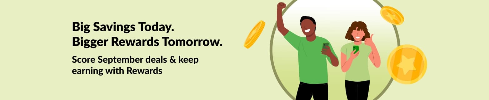iHerb rewards banner showing customers celebrating savings with coins, promoting September deals and ongoing rewards program.