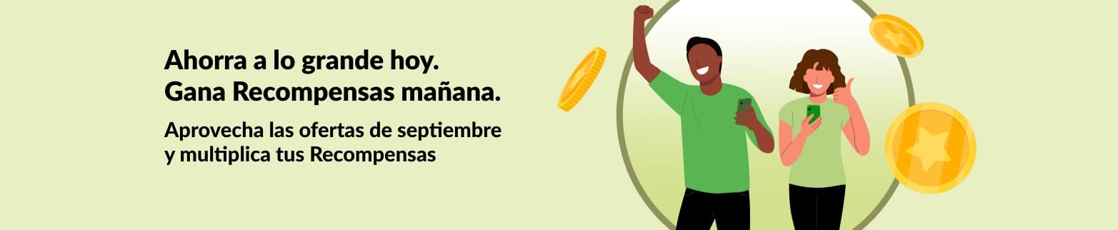 Banner con clientes celebrando y monedas doradas. Promociona las ofertas de septiembre y el programa de Recompensas de iHerb.