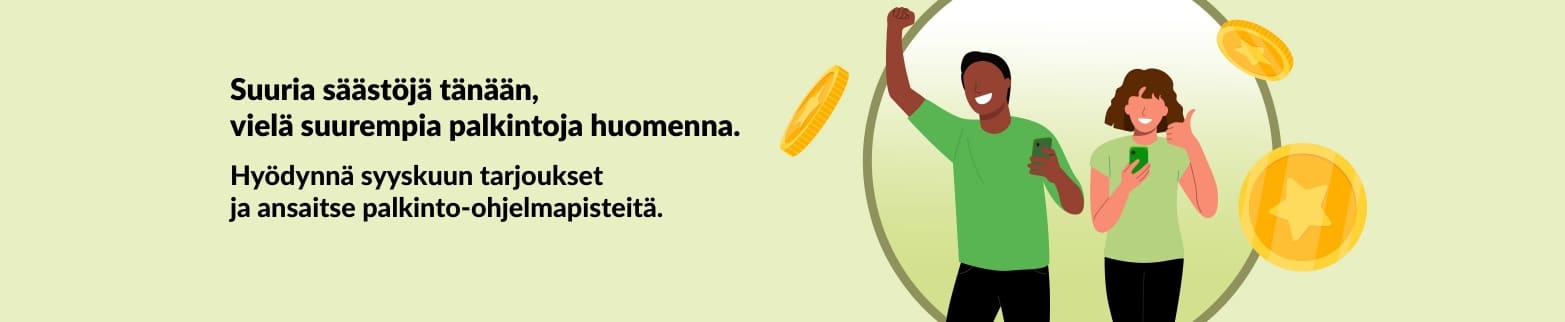 iHerb-mainosbanneri, jossa asiakkaat juhlivat säästöjä kolikoiden kera. Esillä syyskuun tarjoukset ja jatkuva palkinto-ohjelma.