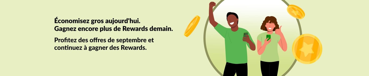 Bannière iHerb Rewards montrant des clients qui célèbrent leurs économies avec des pièces de monnaie, faisant la promotion des offres de septembre et du programme Rewards en cours.