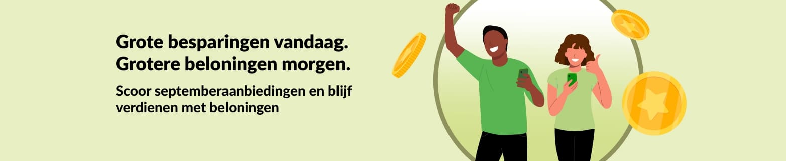 iHerb beloningen-banner waarop klanten te zien zijn die hun besparingen vieren met munten, en die septemberaanbiedingen en het lopende beloningsprogramma promoot.