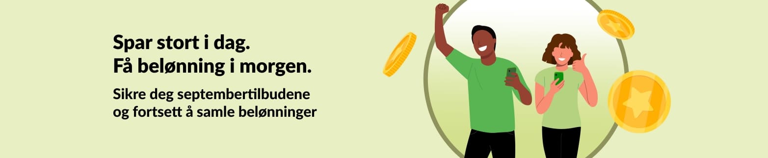 Banner for iHerb belønningsprogram som viser kunder som feirer tilbud med mynter, som promoterer tilbud i september og Rewards-programmet.