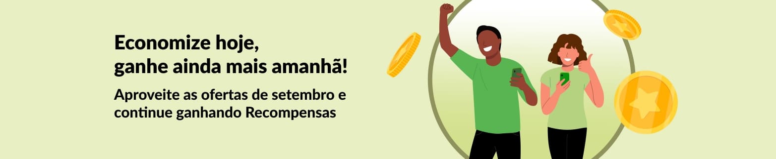 Banner de recompensas da iHerb mostrando clientes comemorando economias com moedas, promovendo ofertas de setembro e programa de recompensas em andamento.